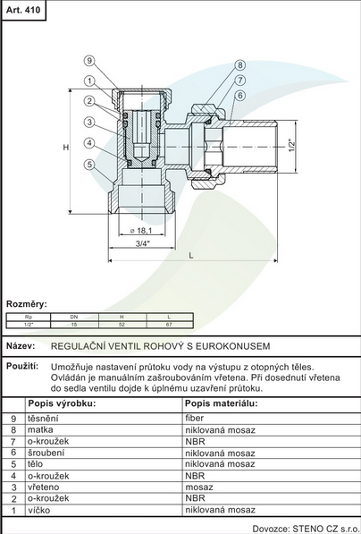 Regulačný rohový ventil s eurokonusom 1/2"x3/4"