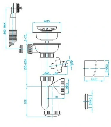 Drezový sifon s vývodom pre práčku
