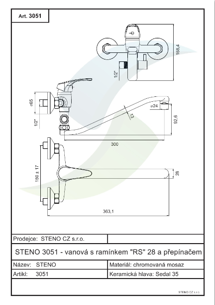 Vaňová batéria s ramienkom "RS" a prepínačom, rozteč 150 mm